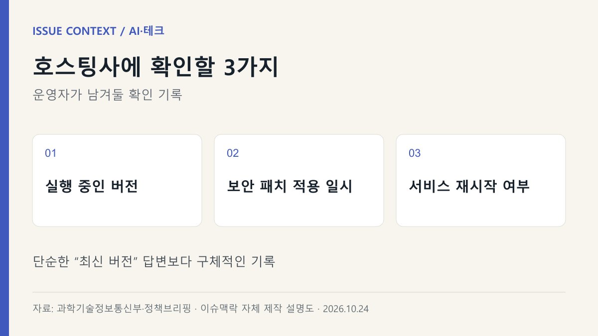 호스팅사에 확인할 3가지 — 실행 중인 버전, 보안 패치 적용 일시, 서비스 재시작 여부