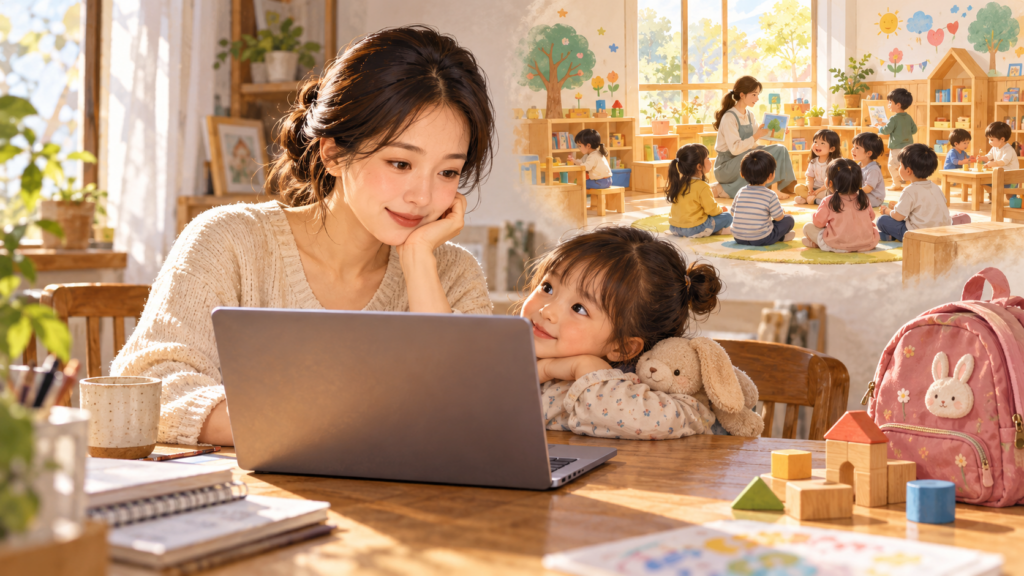 아이의 입소 신청을 함께 준비하는 부모와 밝은 교실 — AI 제작 설명 이미지