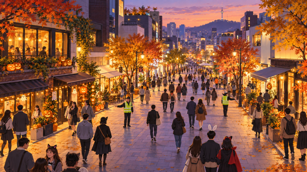 넓은 보행로와 안전요원이 있는 가상의 가을 도심 거리 — AI 제작 설명 이미지