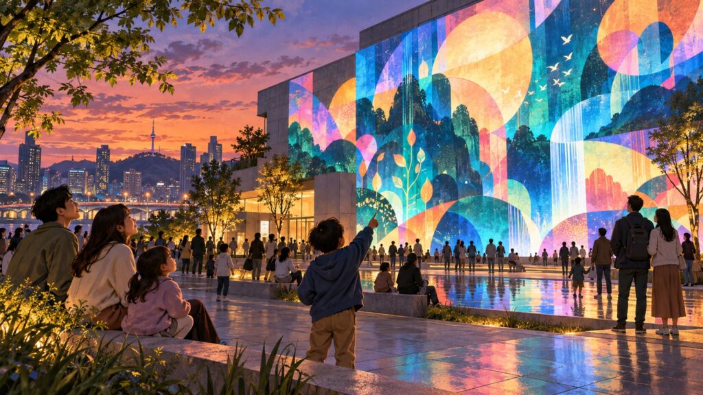 야외 미디어아트를 감상하는 시민들의 가상 장면 · AI 제작 설명 이미지 · 실제 현장 사진 아님