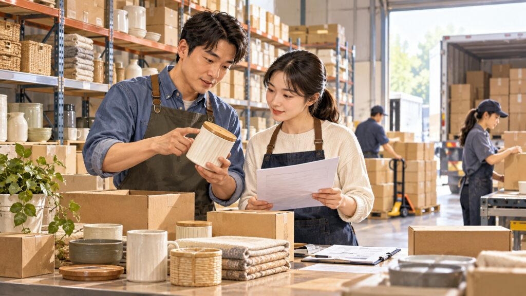 포장 제품의 표시와 서류를 대조하는 제조·유통 담당자 · AI 제작 설명 이미지 · 실제 현장 사진 아님