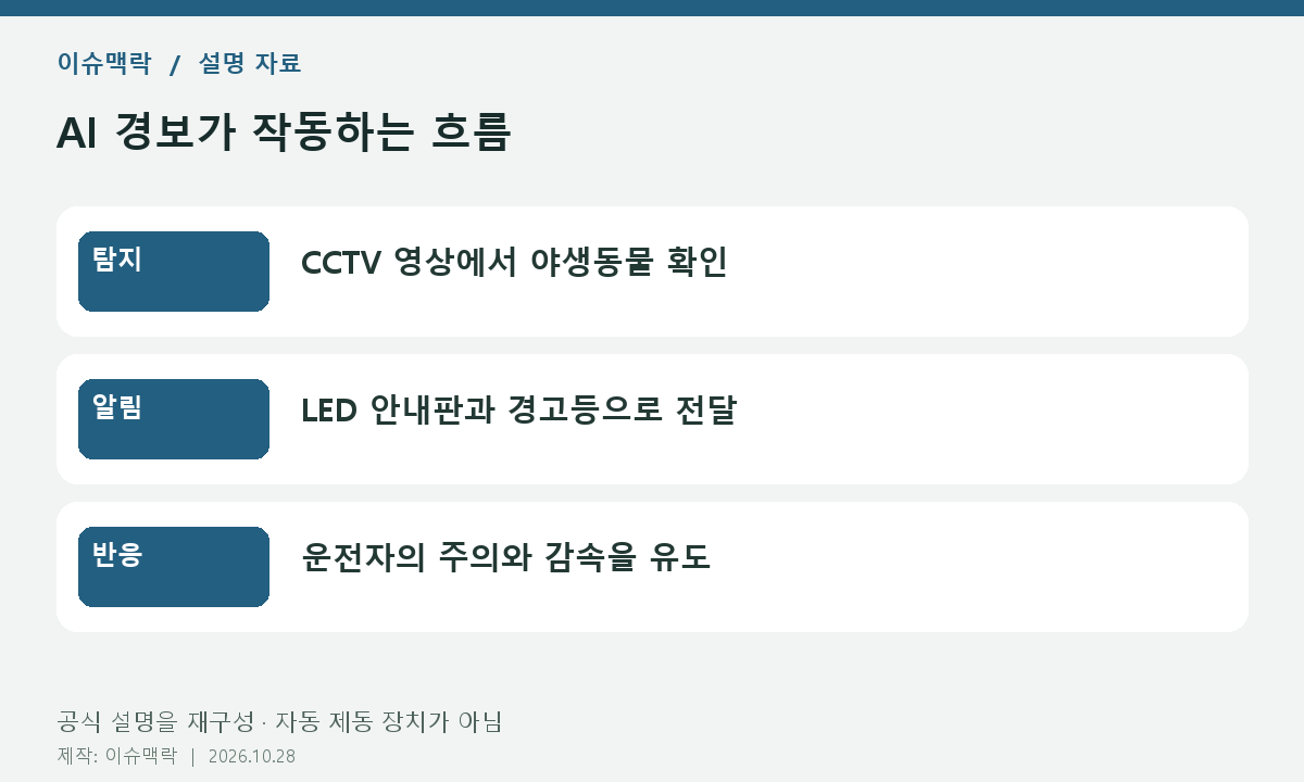 AI 경보가 작동하는 흐름. 탐지: CCTV 영상에서 야생동물 확인. 알림: LED 안내판과 경고등으로 전달. 반응: 운전자의 주의와 감속을 유도