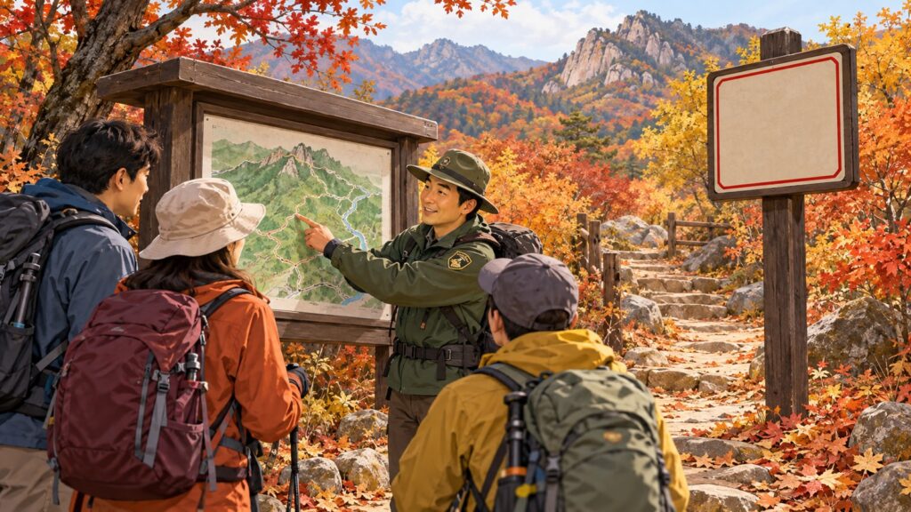 가을 숲 입구에서 탐방 지도를 살피는 산림 관리 인력 · AI 제작 설명 이미지 · 실제 현장 사진 아님